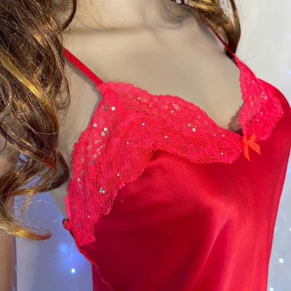 Red Victoria’s Secret Rhinestone Lace Trim Satin Slip/Chemise Babydoll - Picture 8 of 14